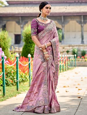 Light Mauve Premium Banarasi Silk Embroidered Saree