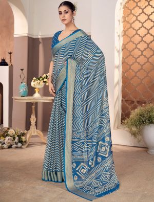 Light Navy Blue Chiffon Elegant Party Wear Saree