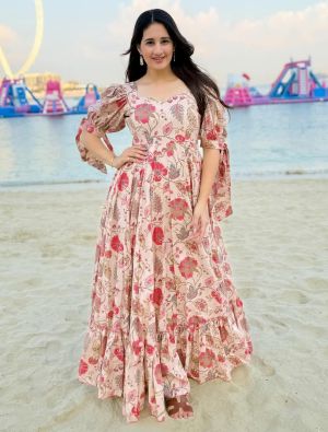 light peach rayon digital printed flared gown   fabgo20373