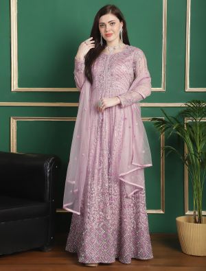 Light Pink Net Floor Length Suit With Cording Work small FABSL21800