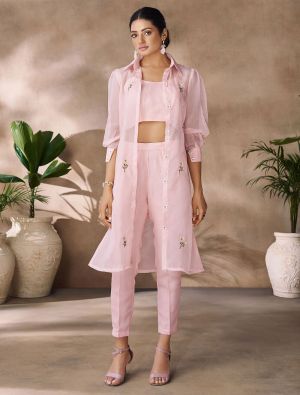 light pink organza designer co ord set with hand work fabku21118