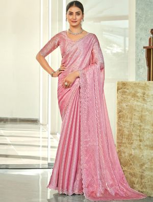 Light Pink Solid Color Silk Blend Saree With Adorned Border