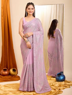 Light Purple Georgette Party Wear Saree With Sequins