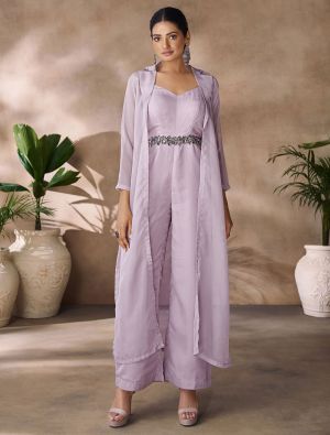 light purple organza designer co ord set with hand work fabku21119