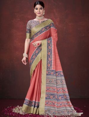 Light Red Habotai Silk Traditional Pattern Saree