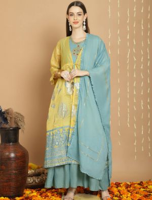 Light Yellow Chanderi Silk Semi Stitched Salwar Suit small FABSL21727