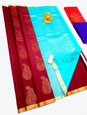 Maroon Pure Kanchipuram Handloom Silk Festive Wear Designer Saree small FABSA21385