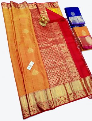 Orange Pure Kanchipuram Handloom Silk Festive Wear Designer Saree small FABSA21388
