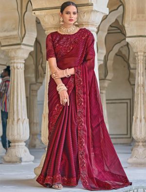 Maroon Fancy Embroidered Saree With Moti Work