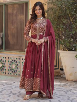 Maroon Georgette Ready To Wear Palazzo Suit FABSL22101