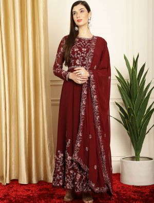 Maroon Georgette Semi Stitched Embroidered Salwar Kameez small FABSL21614