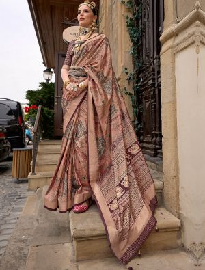 Maroon Printed Silk Party Wear Saree With Woven Zari