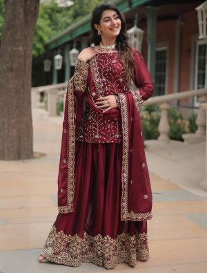 Maroon Rangoli Silk Readymade Palazzo Suit FABSL21996