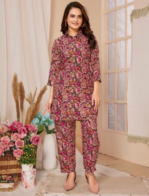 maroon rayon digital printed co ord set fabku21002