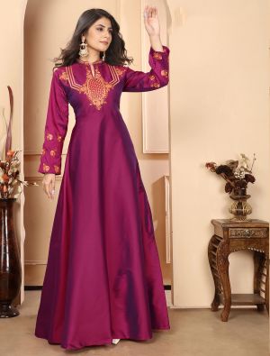 maroon triva silk party wear embroidered gown   fabgo20294