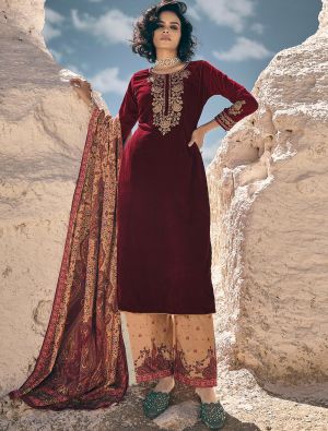 Maroon Velvet Salwar Kameez With Cording Embroidery small FABSL21667