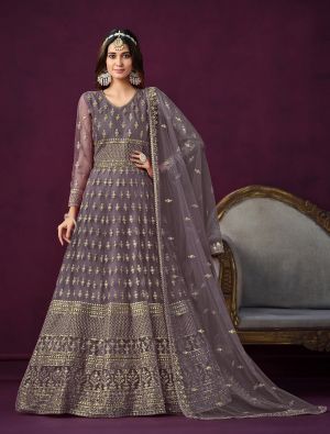 Mauve Net Semi Stitched Anarkali Suit With Sequins small FABSL21710