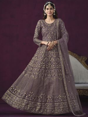 Mauve Net Semi Stitched Sequined Anarkali Suit small FABSL21677