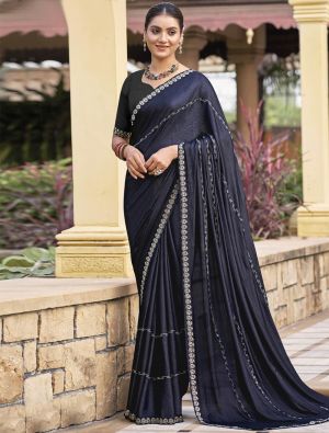 Midnight Blue Shimmer Chiffon Party Wear Saree