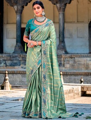 Mint Green Premium Banarasi Silk Embroidered Saree
