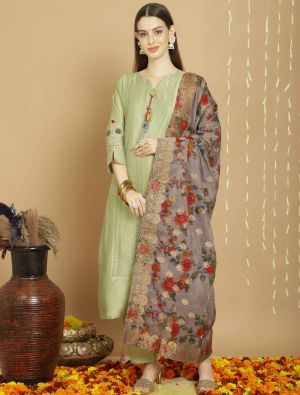 Moss Green Chanderi Silk Semi Stitched Salwar Suit small FABSL21730