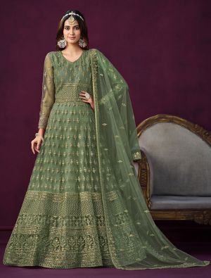 Moss Green Net Semi Stitched Anarkali Suit With Sequins small FABSL21709