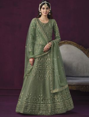 Moss Green Net Semi Stitched Sequined Anarkali Suit small FABSL21676