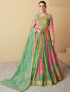multicolor green muslin anarkali gown with dupatta fabgo20337