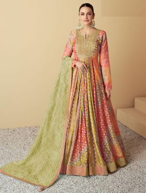 multicolor orange muslin anarkali gown with dupatta fabgo20338