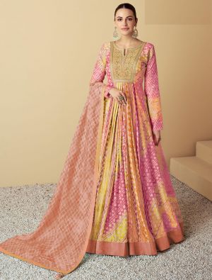 multicolor peach muslin anarkali gown with dupatta fabgo20336