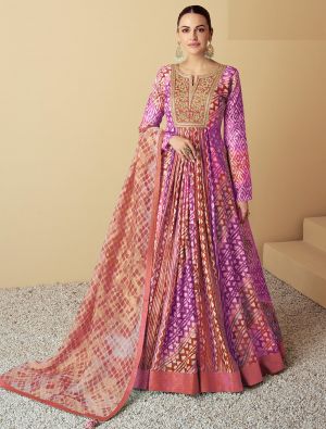 multicolor purple muslin anarkali gown with dupatta fabgo20339