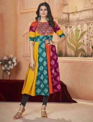 multicolor rayon festive kurti with thread and mirror work fabku21033