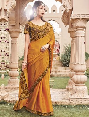Mustard Blooming Shimmer Georgette Embroidered Saree
