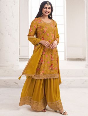 Mustard Chinon Semi Stitched Sequined Palazzo Suit small FABSL21812