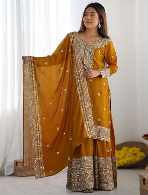 Mustard Chinon Silk Ready To Wear Sharara Suit FABSL22131