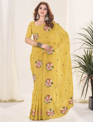 Mustard Gold Crush Embroidered Saree