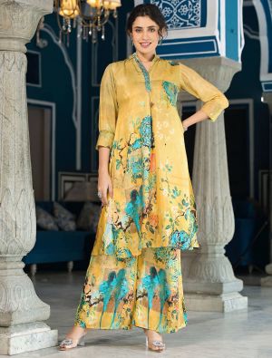 mustard muslin digital printed stylish co ord set fabku20972