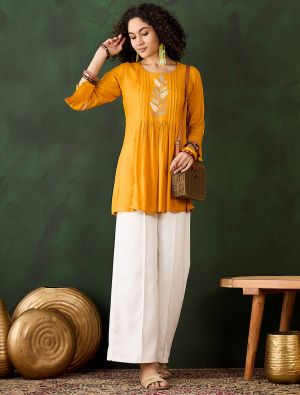 mustard viscose rayon embroidered top fabku21015