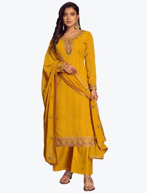 Mustard Yellow Blooming Faux Georgette Designer Palazzo Suit FABSL20825