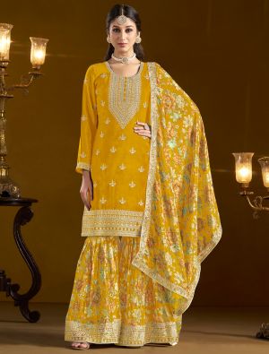 Mustard Yellow Chinon Semi Stitched Sharara Suit small FABSL21984