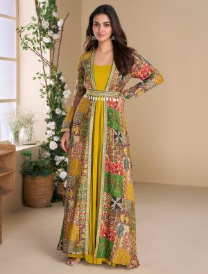 mustard yellow georgette fusion gown with shrug and belt fabgo20397