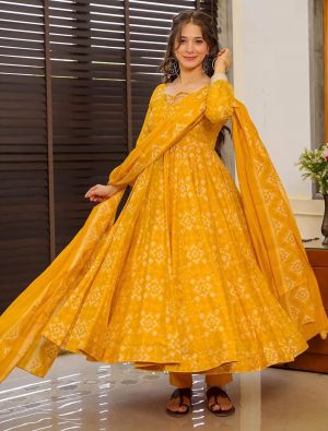 Mustard Yellow Muslin Elegant Readymade Salwar Kameez FABSL21978