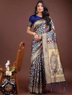 Navy Blue Lichi Silk Festive Saree