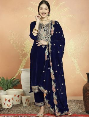 Navy Blue Premium Velvet Salwar Suit With Traditional Cording small FABSL21719