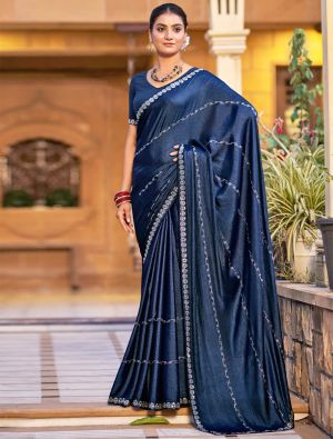 Navy Blue Shimmer Chiffon Party Wear Saree