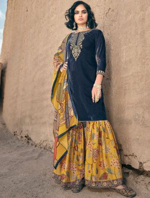 Navy Blue Velvet Salwar Kameez With Cording Embroidery small FABSL21670