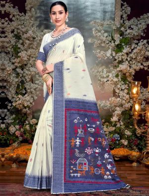 Off White And Blue Cotton Saree With Traditional Weaves