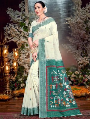 Off White And Green Cotton Saree With Traditional Weaves