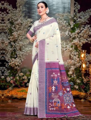 Off White And Purple Cotton Saree With Traditional Weaves