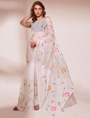 Off White Blooming Organza Saree With Brush Print